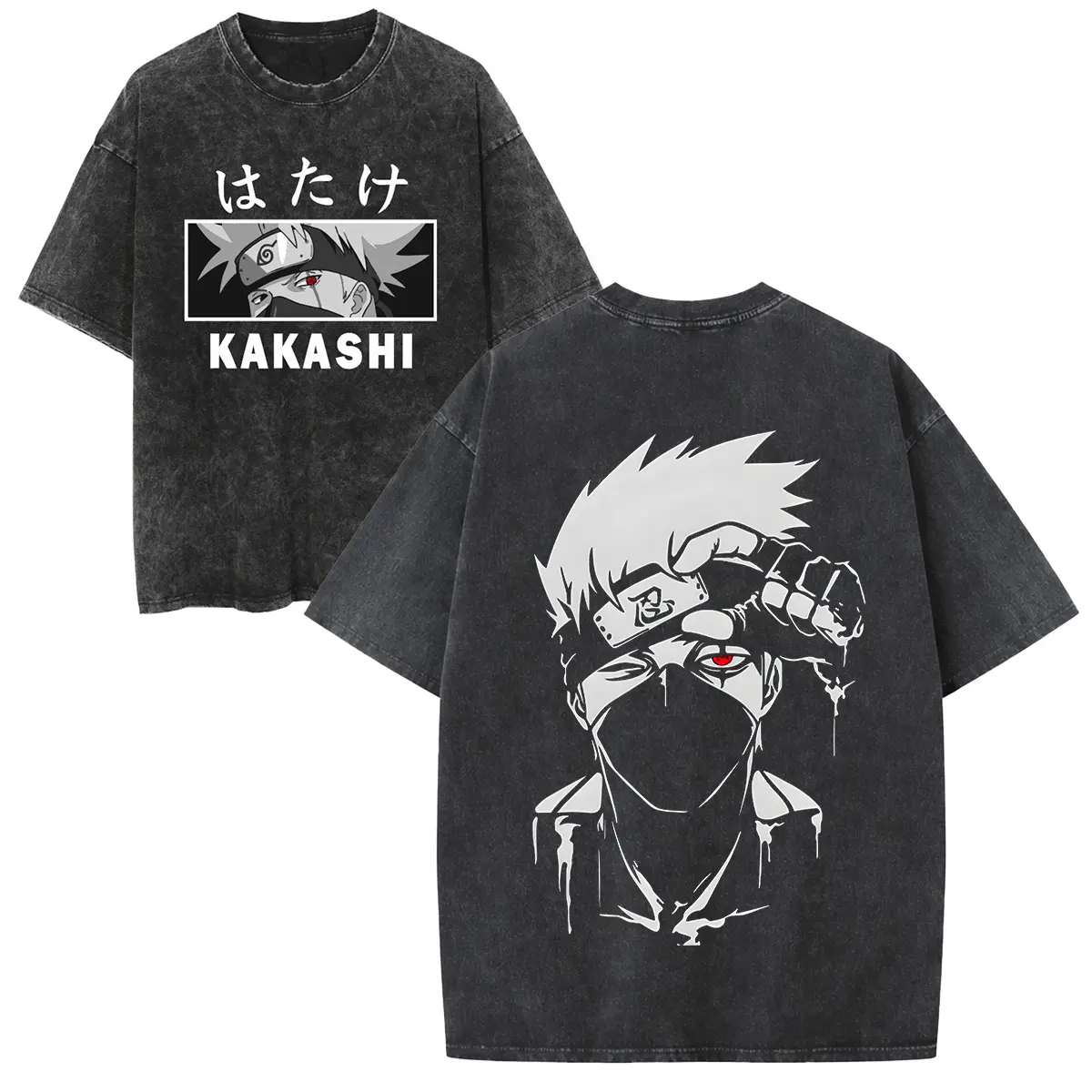 Kakashi Anime Graphic Tee 100% Cotton Vintage Acid Wash Oversized T-Shirt Retro Harajuku Streetwear Hip Hop Casual Tshirt Men Women