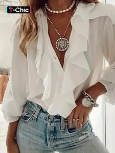 Women's Plain Ruffle Trim Button Front Chiffon Blouse, Fitted Elegant Long Sleeve V Neck Top for Spring & Fall, Ladies Clothes for Daily Wear