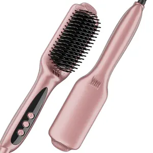 Ionic Hair Straightener Brush for Women, Dense Bristles Straightening Brush for Thick Curly Hair, 12 Temperature Settings, Dual Voltage, Salon-Quality at Home