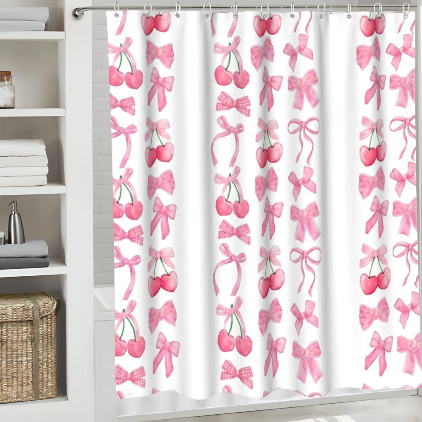 Sweet girl style pink bow cherry shower curtain set, waterproof shower curtain with 12 hooks, non-slip bathroom carpet, toilet U-shaped cushion, toilet seat cover cushion, bathroom decoration, bathroom shower curtain set, perfect gift
