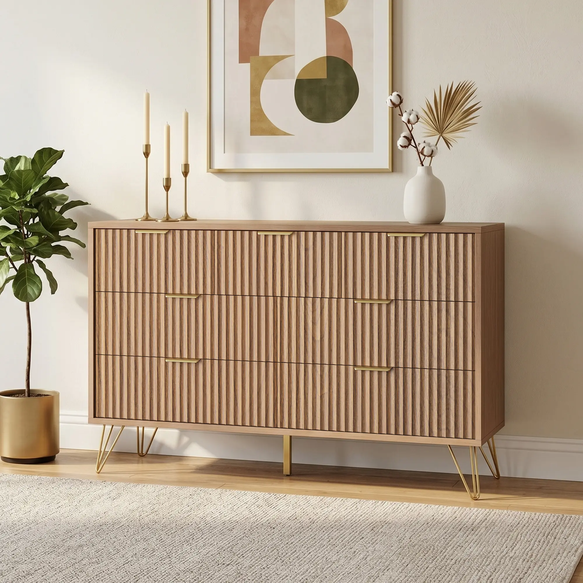 Modern Wooden 7-Drawer Vanity Dresser with Metal Handles, Multi Storage Chest Cabinet for Bedroom Hallway Living Room Organizer