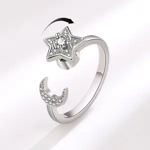 VENTFILLE 925 Sterling Silver Moon And Stars Zircon Rotatable Ring For Women Gift Diamond Relieve Stress Ring Jewelry Wholesale