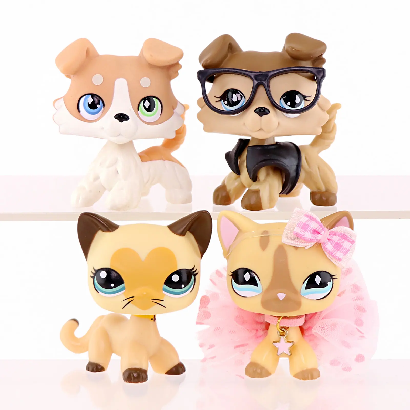 4 Pack Cute Mini Pet Animal Figurines Set, Cartoon Dogs & Cats Collectible Dolls with Glasses, Tutu Skirt & Bow Accessories, Small Pocket Pet Figures for Kids Pretend Play, Birthday Party Favor Gift for Girls Boys Age 4+