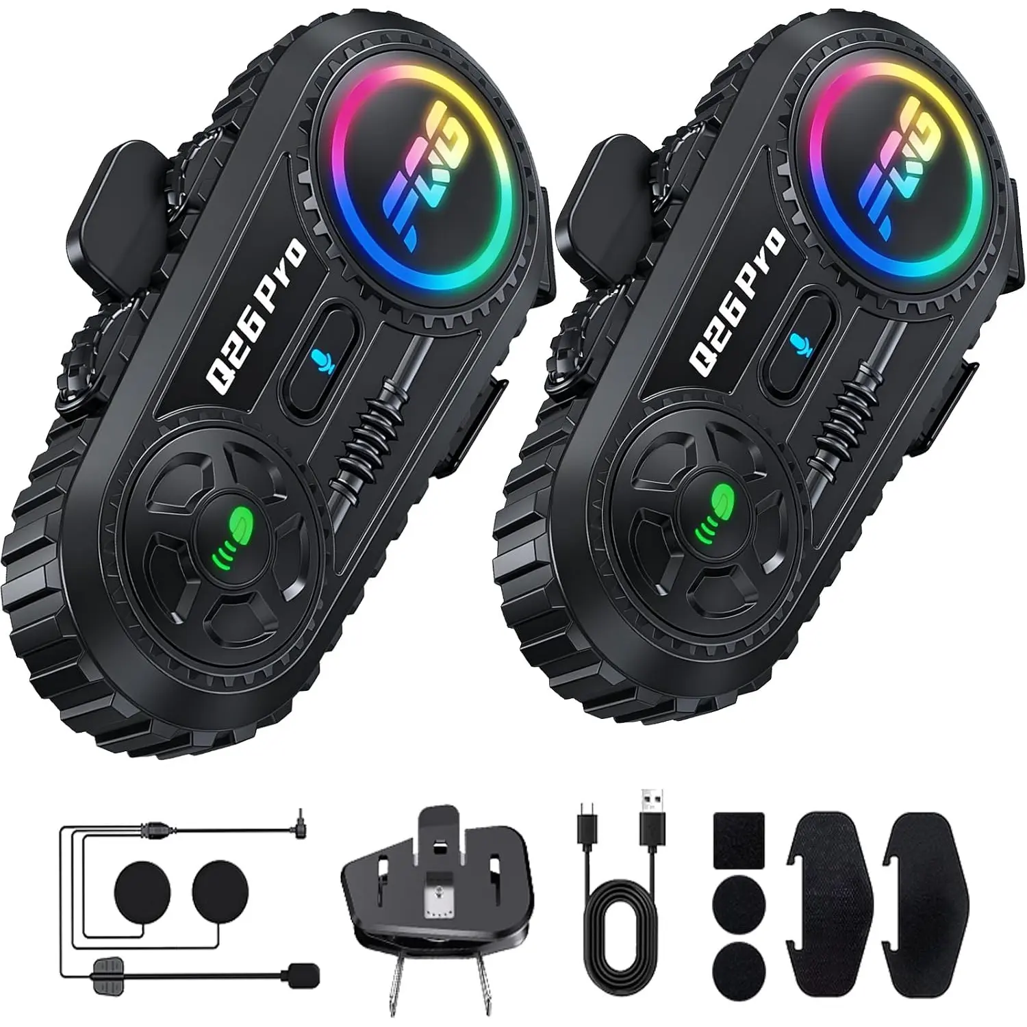 2 Pack Motorcycle Helmet Headset Bluetooth Intercom 2-Way Communication System, 1600FT Range, 18Hrs Talk Time, IP56 Waterproof, AI Voice Assistant, Detachable Design for Motorcycle Ski Snowmobile