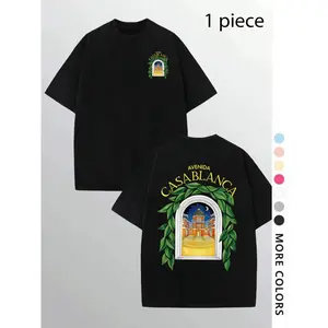 Men's Casual Loose-Fitting Short Sleeve T-Shirt with Casablanca Palace Print, Comfortable Round Neck Tee for Outdoor & Gym, Stylish Summer Essential