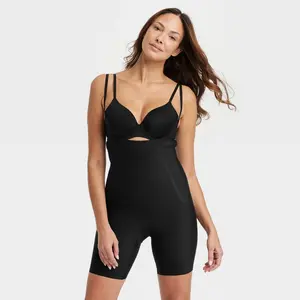 Women's Firm Sculpting Mid-Thigh Bodysuit - Auden Black M: Nylon-Spandex Blend, Elastic Strap, Solid Pattern, Machine Washable