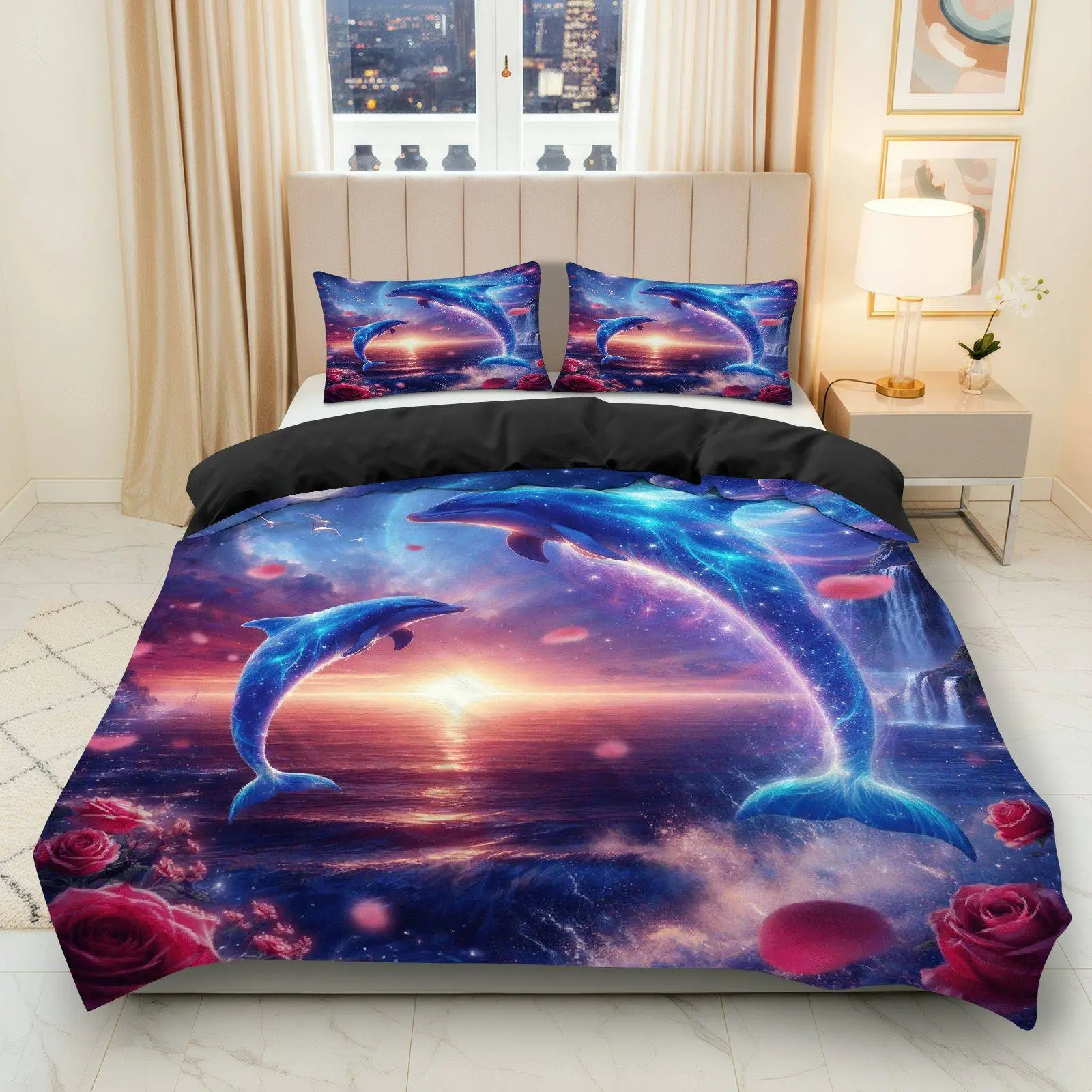 3PCS Duvet Cover Set, 1 Duvet+2 Pillowcases(Without filler), Dolphin Sunset Ocean Rose theme, Christmas bedding set, Vibrant Suitable for decoration bedroom, guest room, hotel, holiday home.