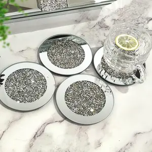 Glass Mirror Cup Mats Kitchen Coasters Set of 4, Diamond Round Square 4 Inch Table Decor, Modern Bar Tool Dining Room Accessories