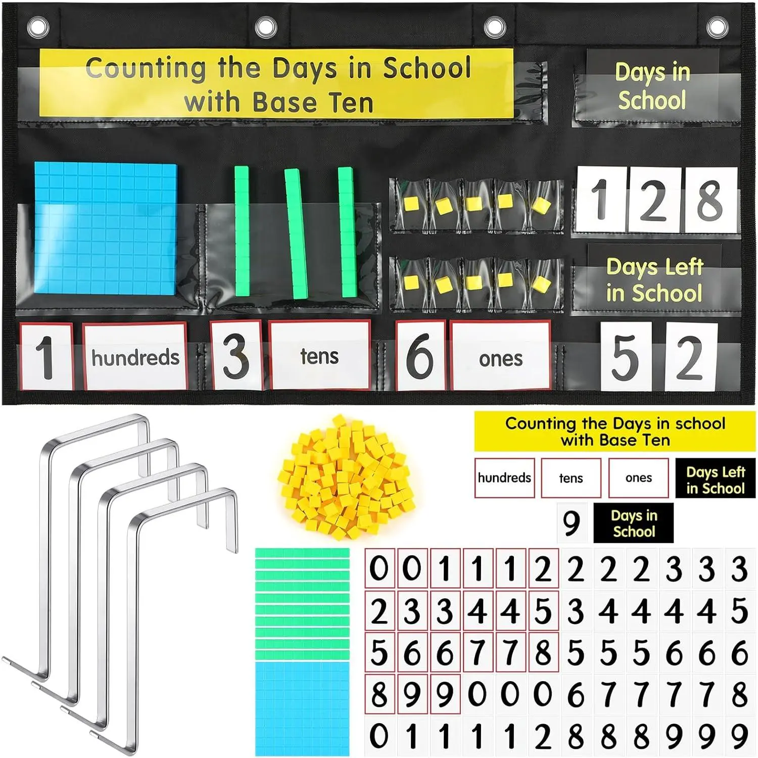 Back to School counting the days with a base-ten pocket chart for place value, counting caddy pocket chart for classroom bulletin board, school or home decor, 4 hooks, black classic style
