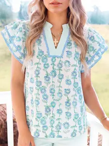 Floral Print Striped Detail Contrast V Neck Patchwork Flutter Sleeve Blouse, Comfortable and Versatile For Day-To-Night Wear.