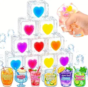Summer Gift 24 Pcs Ice Cube Squishy Toys with Greeting Cards,Stress Cube Squeeze Fidget Toys for Kids & Adults, Sensory Squishy Ball for Anxiety Relief,Party Favor, Classroom Prizes
