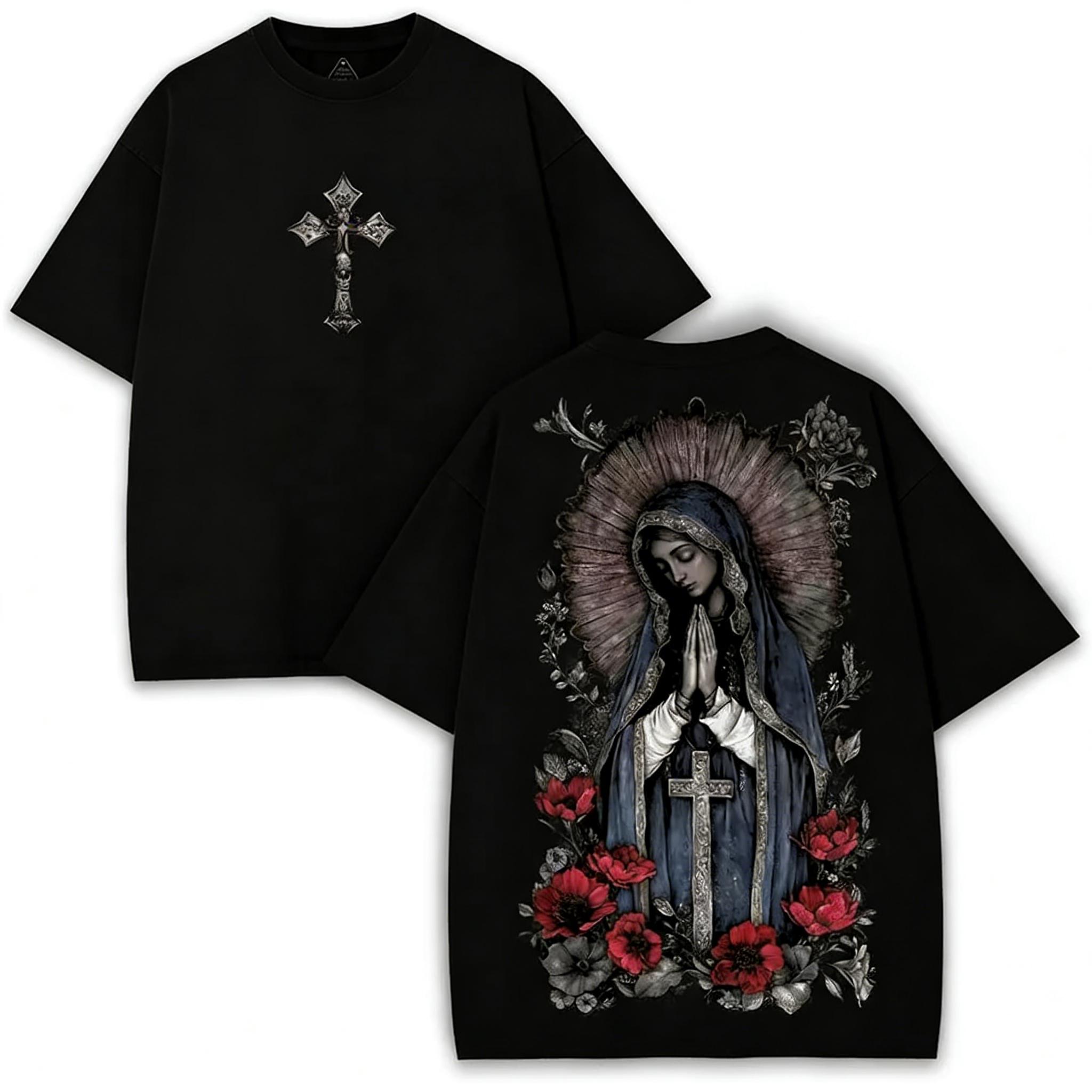 valentine shirts Virgin Mary Graphic T-Shirt, Washed Black Heavy Cotton, Gothic Streetwear