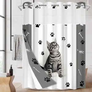 1pc hookless shower curtain with liner, black, white, and gray cat paw decorative design 2D flat printing, fabric waterproof liner, shower curtain with see-through window, double-layer shower curtain, 71 x 74 inches, modern home curtain decoration