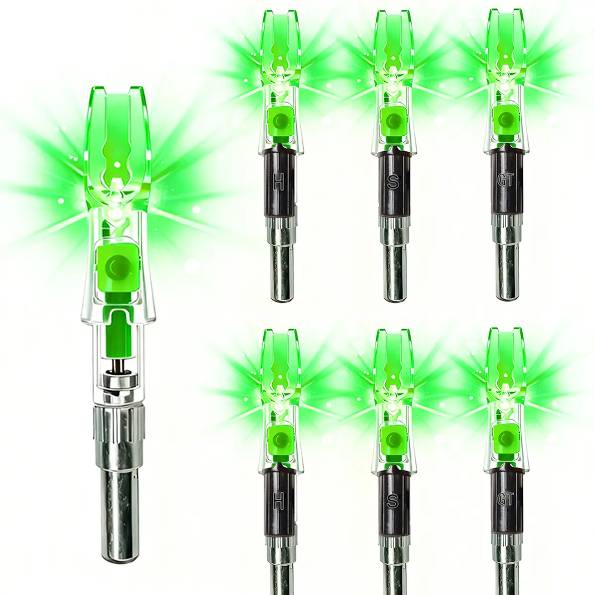 NoxDyn 6pcs Lighted Archery Nocks, High Visibility X Style, ON/Off Control, Multi-Size Fit .204-.248 ID with Bushings, Blue, Snug Fit, Green