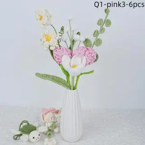 6PCS Handmade Crochet Daffodil&Carnation Bouquet For Birthday Gift, Knitted Tulip/White Berries/Eucalyptus, Housewarming/Christmas  Gifts