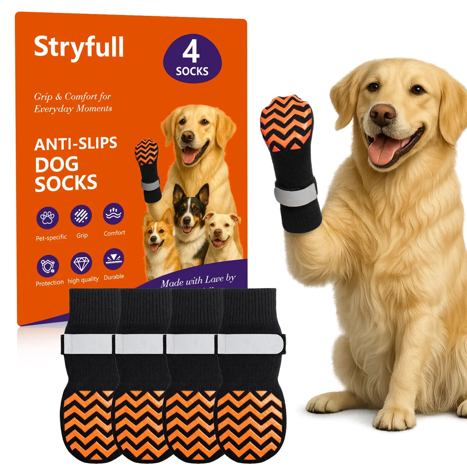 Stryfull 4-Pack Breathable Cotton Dog Socks, Double-Sided Silicone Grip Dots for Hardwood Floors, Adjustable Strap with DIY Pet Name Area, Washable Paw Protection for Senior Dogs, 4 Packs