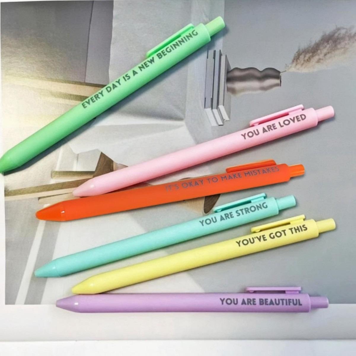 6-Pack Inspirational Motivational Rollerball Pens, Retractable Medium Point Black Ink Pens with Rubberized Grip & Pocket Clip, Ambidextrous Positive Message Writing Pens for Journaling, Office, School, Note Taking & Daily Writing