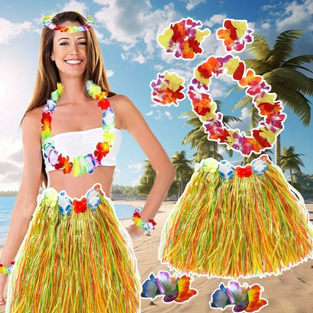 7Pcs Polyester Luau Costume Set - Lightweight Soft Ruffle Hawaiian Flower Grass Hula Skirt, Leis, Hairclip Garland for Tropical Summer Beach Parties