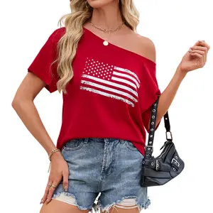 Genleck Women's Patriotic Off-Shoulder Short Sleeve Top - American Flag One Shoulder Casual Tee for 4th of July