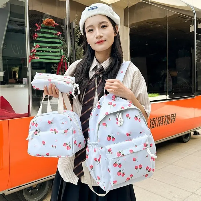 2026 New Fresh Strawberry School Bag for Girls, Large Capacity Three-Piece Set for Junior High School Students, Cute and Lightweight Backpack
