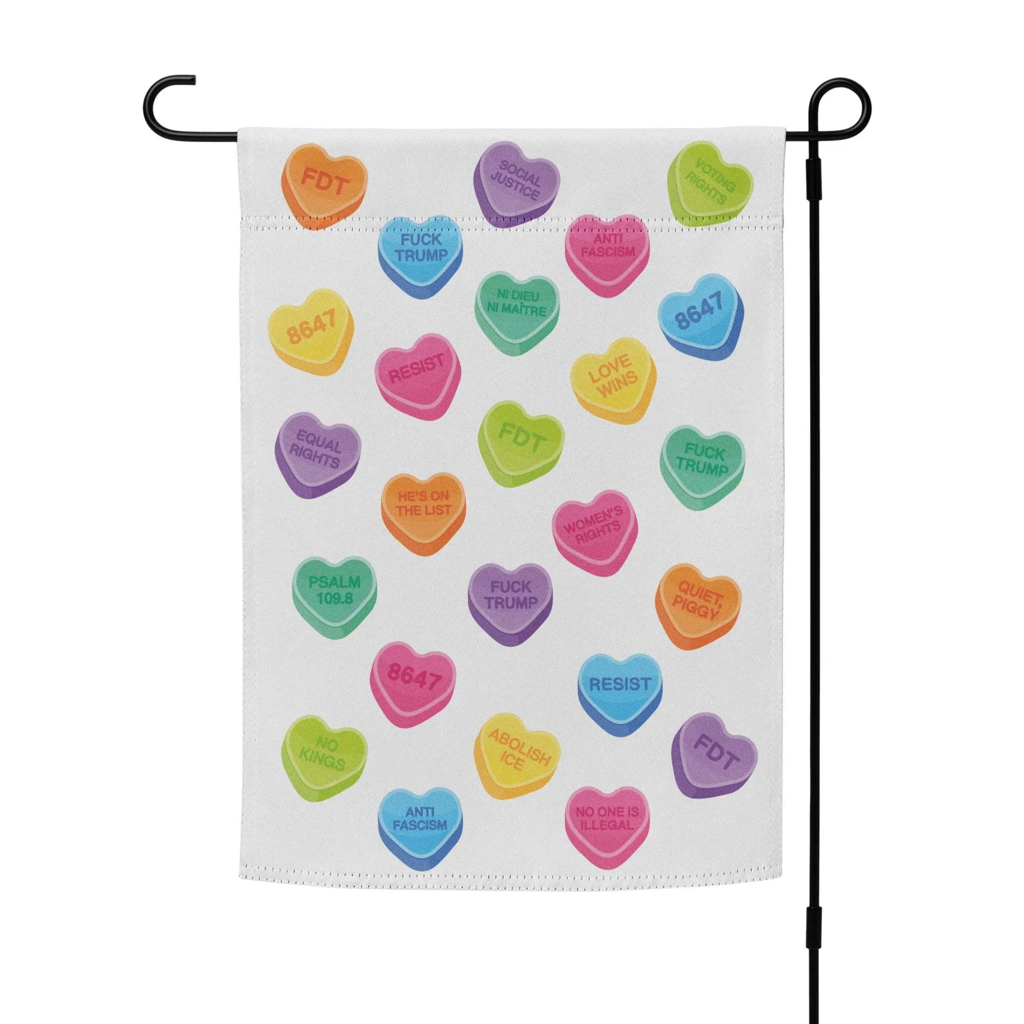 Subtle FDT Conversation Hearts Anti-Trump Garden Flag, Double-Sided Valentine's Protest & Resist Political Yard Banner, quiet piggy 8647, human rights flag