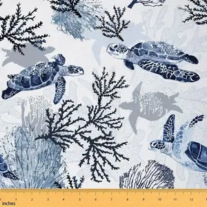 Sea Turtle Fabric by The Yard,Ocean Reptile Tortoise Upholstery Fabric,Coastal Castle Nautical Beach Navy Blue Waterproof Outdoor Fabric