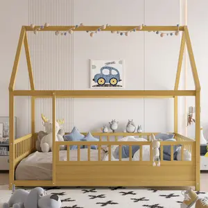 Bellemave Floor Wooden Bed with House Roof Frame Fence Guardrails Full Natural Pure Solid Wood Zero Formaldehyde for Babies Peaceful Sleep