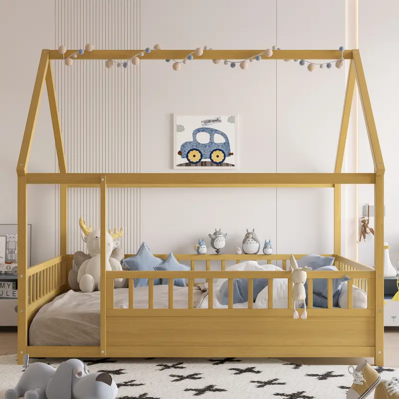Bellemave Single House-Shape Pine Floor Bed Frame - Wood-Framed Solid Design with Fence Rails, 0 Formaldehyde, Natural Look, Roof for Baby’s Peaceful Sleep, Pine Bed Frames, Wood-Framed Bed Frames