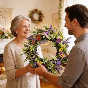 Mother's Day Gift Wreath, Lavender Viola Artificial Flower Wreath, Mixed Floral Wreath, Spring Summer Colorful Decorative Wreath, Home Room Living Room Decoration, Hanging Flowers