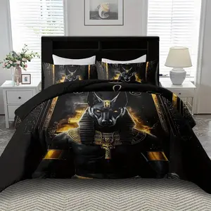Ancient Egyptian Anubis black gold themed bedding set of 3, 1 duvet cover and 2 pillowcases (unfilled) made of soft polyester fiber, soft, warm, lightweight, and minimalist style