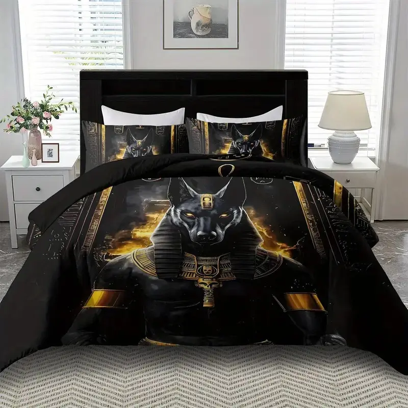 Ancient Egyptian Anubis black gold themed comfy bedding sets of 3, 1 duvet cover and 2 pillowcases (unfilled) made of soft polyester fiber, soft, warm, lightweight, and minimalist style Bedset