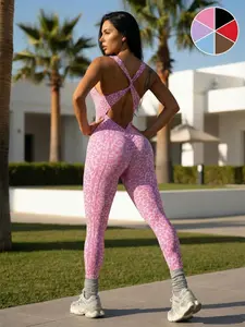 Women's Seamless Leopard Print Jumpsuit, High Waist Butt Lifting One Piece Yoga Bodysuit, Crisscross Backless Workout Jumpsuit for Gym, Fitness, Running, Athletic