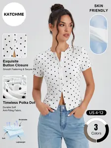 Katch Me Chic Women's Versatile Polka Dot Button-Up Short Sleeve Flattering Top, Soft Skin-Friendly Breathable T-Shirt for Summer Streetwear, Lightweight Stretch Pill Resistant Daily Outfit