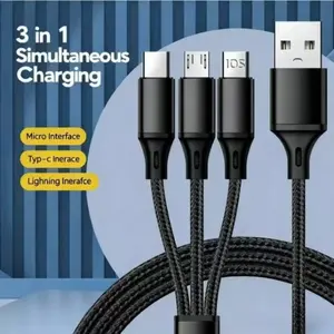 3-In-1 Nylon Braided USB Charging Cable, Portable & Durable Design for iOS Type-C Micro USB Ports, Ideal for Travel Apple Android Use