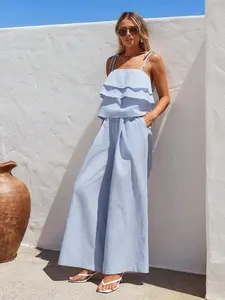 Women's Striped Layered Ruffle Sleeveless Halter Top & High Waist Belted Pants Set, Womenswear Casual Summer Two-Piece, Blue Vacation Style