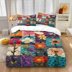 3-piece set (1 quilt cover +2 pillowcases, coreless) Colorful collage floral pattern element printed quilt cover set, soft and comfortable bedding set, suitable for all rooms, available all year round, room decoration, Modern Bedding Set
