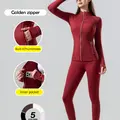 [Gold Zipper] Soft, High-Stretch Women's Sports Jacket, High Waist Sports Leggings, High Stretch Seamless Yoga Leggings. Gold zipper jacket with pockets and thumbhole design. Women's casual wear, workout wear.