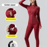 [Gold Zipper] Soft, High-Stretch Women's Sports Jacket, High Waist Sports Leggings, High Stretch Seamless Yoga Leggings. Gold zipper jacket with pockets and thumbhole design. Women's casual wear, workout wear.