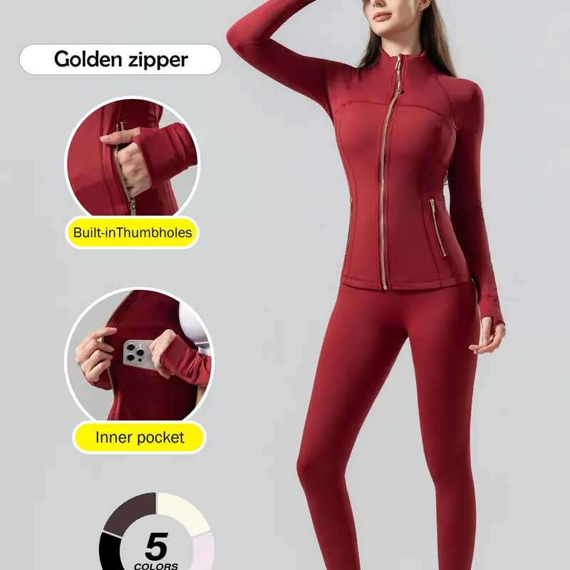 [Gold Zipper] Soft, High-Stretch Women's Sports Jacket, High Waist Sports Leggings, High Stretch Seamless Yoga Leggings. Gold zipper jacket with pockets and thumbhole design. Women's casual wear, workout wear.