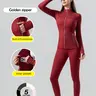 [Gold Zipper] Soft, High-Stretch Women's Sports Jacket, High Waist Sports Leggings, High Stretch Seamless Yoga Leggings. Gold zipper jacket with pockets and thumbhole design. Women's casual wear, workout wear.