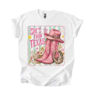 She’s From Texas Western T-Shirt, Southern Cowgirl State Pride Graphic Tee, Pink Cowboy Boots Hat And Horseshoe Front Print Shirt, Vintage Floral Country Style Outfit, Texas Girl Gift Shirt For Women And Girls
