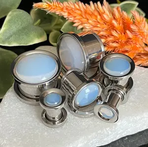 PAIR of Stunning Opalite Dome Steel Screw Fit Tunnels/Plugs - Gauges 2g (6mm) thru 5/8" (16mm)