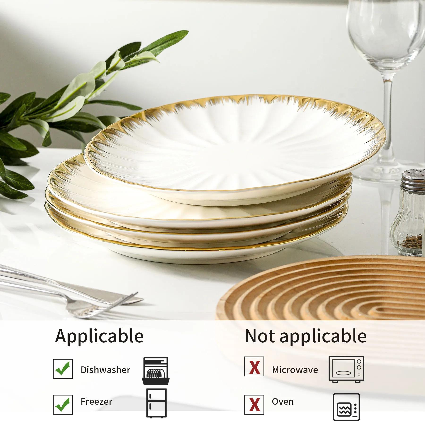 LETAOTAO Factory Supply Eco-Friendly Round White Porcelain Ceramic Steak Plate Dinner Set with Gold Rim