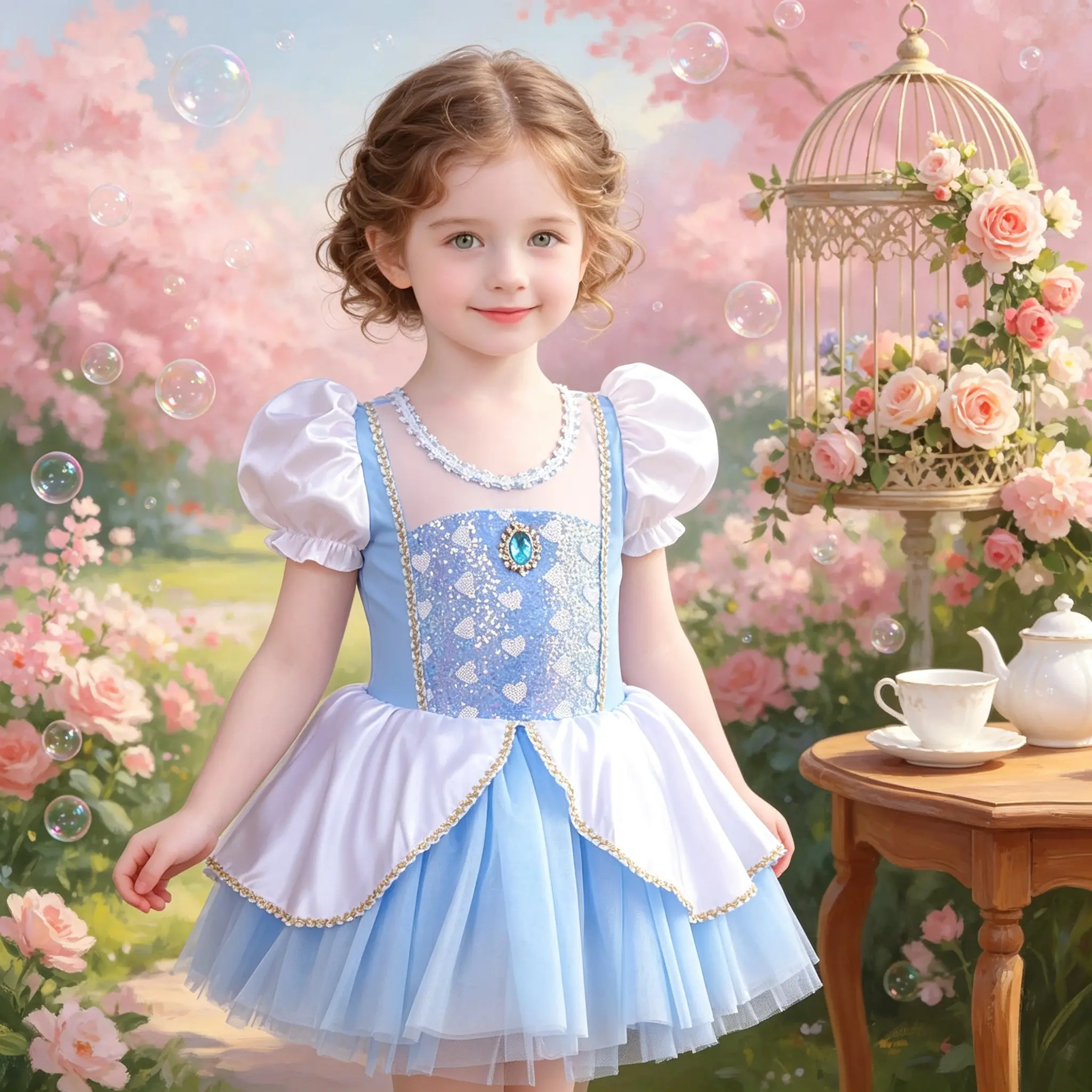 Girls Blue & White Puff Sleeve Princess Tutu Dress, Sparkly Gem Detail Ballerina Costume for Toddlers, for Birthday Party, Dress-Up & Photoshoot