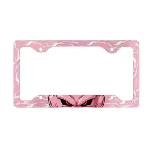Pink Electric Alien Face Metal License Plate Frame Anime Car Accessory High-Gloss Vivid Colors Unique Cutaway Shape Durable Front Silver Backing Pre-Drilled Holes