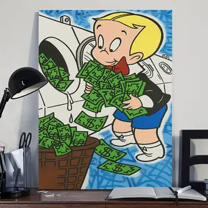 1pc Framed Richie Rich Money Fun Wall Art - Cartoon Character with Cash Canvas Print, Playful & Wealthy Vibe - For Kids Room, Game Den or Pop Culture Decor - For Men Women,Wall Decor for living room kitchen room outdoor decoration, festival celebration wa