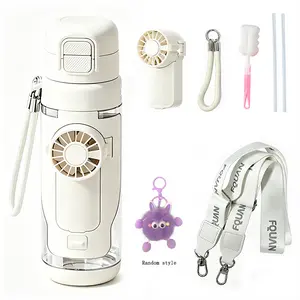 2-in-1 Water Bottle with Built-In Foldable Fan, Portable Dual-Drinking Cooling Water Bottle with Fan 3 Speeds USB, 3 Speeds Adjustable for Outdoors Sports (White)