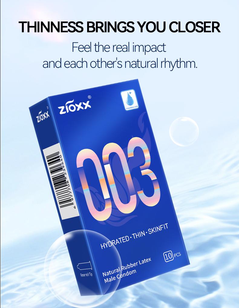Zioxx 003 Ultra Thin Condoms for Men, Hyaluronic Acid Lubricated, Skinfit Natural Latex, 10 Count