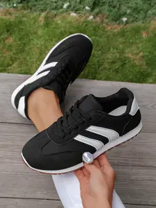 Vintage PU Leather Striped Sneakers, Casual Less Than Ankle Height, Rubber Sole, All Seasons, Fresh Retro Running Shoes, Sports Shoes