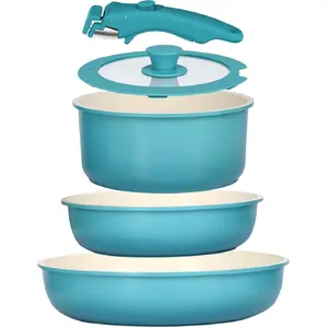 5pcs Pots and Pans Set Non Stick, Nonstick Cookware Set Detachable Handle, Ceramic Pots for Cooking Non Stick with Removable Handle, RV Cookware Set for All Stoves, Light Blue Gradient